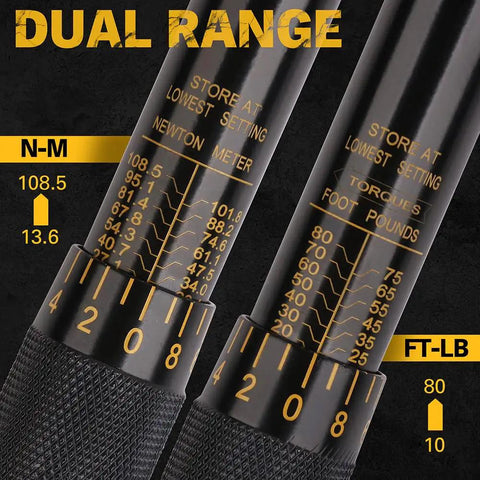 Dual range scale close-up of 3/8 Inch Drive Click Torque Wrench With Dual Range Scale, 10-80 Ft-Lb And 13.6-108.5 Nm, Laser Engraved Readout