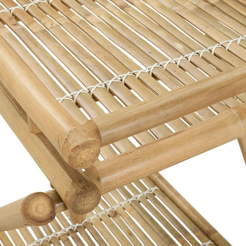 Close-up of Bamboo Serving Trolley's smooth slatted surface and sturdy framework, showcasing premium bamboo construction.