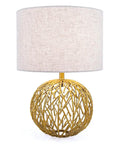 Camden 20 Inch Iron Table Lamp With Inline Switch And Drum Shade Uses One Type A Bulb Up To 60 Watts For Modern Industrial Vibe In Your Living Room Desk Or Bedroom, featuring a gold spherical base and white drum shade.