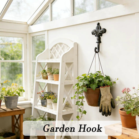 Top Shelf Single Piece Heavy Duty Cast Iron Wall Hook With Screws Vintage Coat Hanger Organizer For Scarves Bags Towels Keys Cap Rustproof Badass Home Decor Accessory with hanging plant and gloves in a bright room.