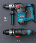 Side view of ENEACRO 1-1/4 in SDS-Plus rotary hammer drill, teal/black with red control dial.