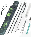 Rugged Seven Foot Aircraft Grade Aluminum Hawaiian Sling Pole Spear With Three Prong Stainless Tip Built For Serious Spearfishing Freediving Kayak Snorkeling And Scuba Gear Needs, bag and components laid out.