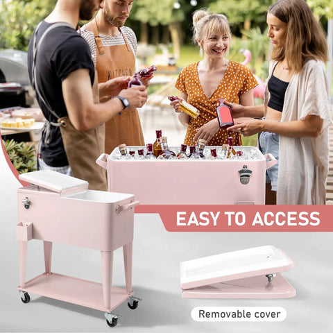 80 Quart Rolling Patio Cooler Cart Ice Chest For Outdoor Parties And Beach Days in use at a gathering, bright pink with drinks inside.