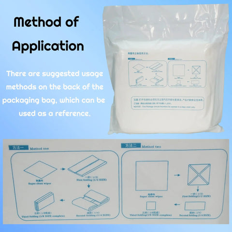 Image showing Heavy Hitter 100 Pack Cleanroom Cloth Wipes 9x9 Inch packaging with application methods and folding techniques.