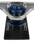 Close-up of skateboard truck with blue anodized washers for Blue Anodized Skateboard Truck Cup Washer Kit For Replacing Worn Washers