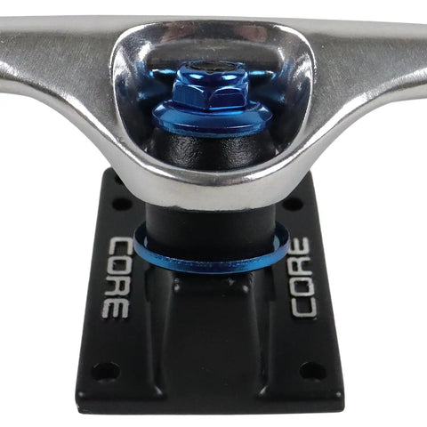 Close-up of skateboard truck with blue anodized washers for Blue Anodized Skateboard Truck Cup Washer Kit For Replacing Worn Washers