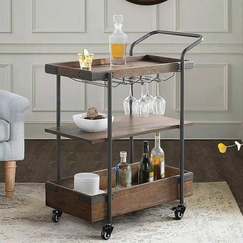 Three Tier Rolling Utility Cart With Knockout Industrial Vintage Vibes Heavy Duty Rubber Wheels Solid Wood And Steel Design Rustic Brown Finish Great For Wine Hosting Kitchen Storage And Chill Weekend Hangouts