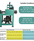 Dinenovate Electric Hydraulic Tube Bender With 17 Dies For Cold Bending Round And Square Pipes showing suitable die conditions and specifications.