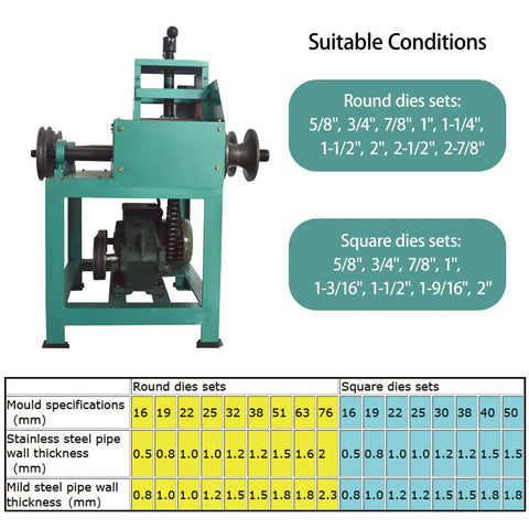 Dinenovate Electric Hydraulic Tube Bender With 17 Dies For Cold Bending Round And Square Pipes showing suitable die conditions and specifications.