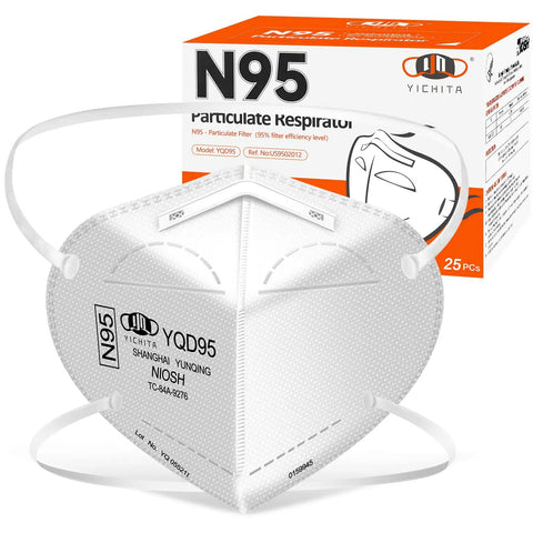 NIOSH Approved N95 Mask Particulate Respirator 25 Pack With Universal Fit Individually Wrapped For Everyday Protection Against Dust Particles And Allergens, mask and box