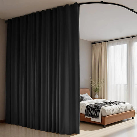 Easy Install Room Divider Curtains With Flexible Ceiling Track Set For Ceiling Mount Smooth Sliding Blackout Panels For Living Room And Bedroom Privacy Includes Black Drape And Black Rail Size W100 X H84 ceiling-mounted in bedroom