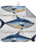 Blue Tuna Oil Painting Dish Drying Mat For Kitchen Counter Must Have Absorbent Microfiber Non Slip Machine Washable 18 By 24 Inches Cushioned Surface Protects Dishes And Counters With Quick Drying Design, featuring blue tuna fish design