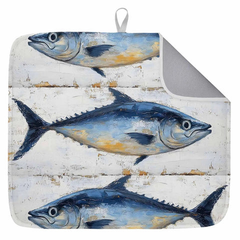 Blue Tuna Oil Painting Dish Drying Mat For Kitchen Counter Must Have Absorbent Microfiber Non Slip Machine Washable 18 By 24 Inches Cushioned Surface Protects Dishes And Counters With Quick Drying Design, featuring blue tuna fish design