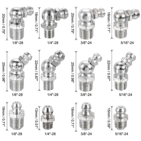 Nickel Plated Steel Heavy Duty Grease Fittings Kit 45 Piece Set With Straight And 90 Degree And 45 Degree Nipples