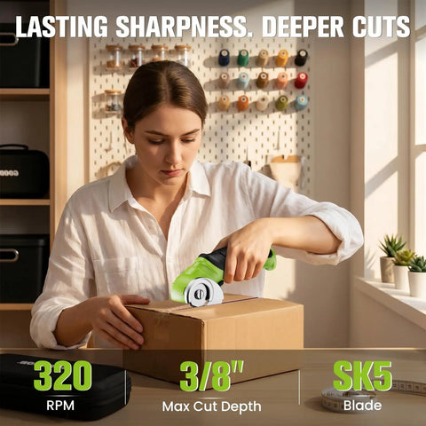 4V Cordless Electric Scissors For Cardboard Cutting With 4 Sk5 Blades Heavy Duty Power Tool For Leather And Fabric cutting through a cardboard box.