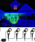Halloween RGB Spotlight Kit With Transformer Low Voltage Outdoor Uplights illuminating house with color changing lights