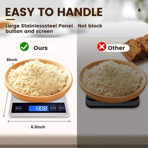 Dope Digital Kitchen Scale With USB Charging Or Battery Power, waterproof stainless steel, displaying flour on easy LCD readout
