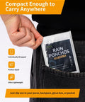 Compact package of Durable Family Rain Ponchos For Kids And Adults With Drawstring Hood Waterproof Lightweight in pocket.