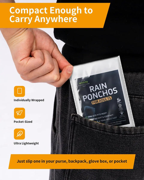 Compact package of Durable Family Rain Ponchos For Kids And Adults With Drawstring Hood Waterproof Lightweight in pocket.