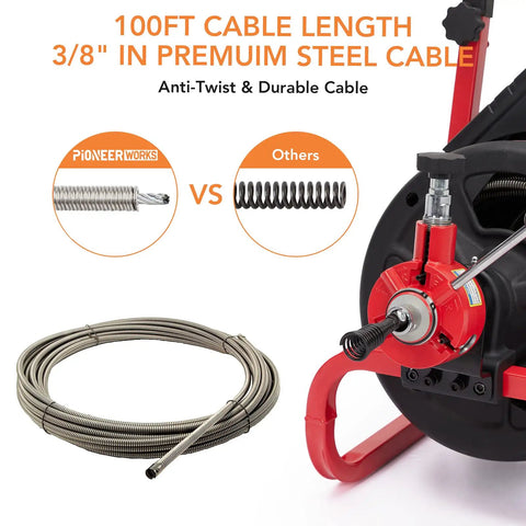 Auto Feed Electric Drain Cleaner Machine Delivers Heavy Duty Torque To Knock Out Thick Grease Clogs And Tree Roots Instantly For 3/8 Inch Drain Pipe Or 1 To 4 Inch Line Runs Nailed Every Time, showing 100ft steel cable.