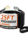 Beefy Heavy Duty 25 Ft 10 Gauge Outdoor Extension Cord With Lighted Indicator Waterproof SJTW 15 Amp 1875 Watt 3 Prong NEMA 5-15P To 5-15R