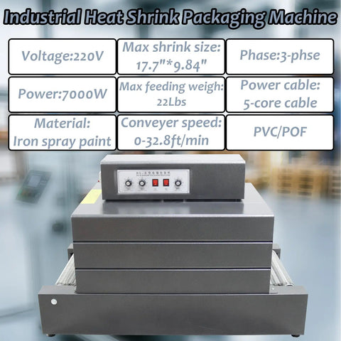 Industrially Grade INTSUPERMAI Heat Shrink Wrapping Machine With Quartz Far Infrared Heating Tubes For Tight PVC POF Film Packaging 17.7 By 9.84 Inches Working Table Precision Temp Control Safe And Efficient Sealing Solution, featuring control panel and specifications.