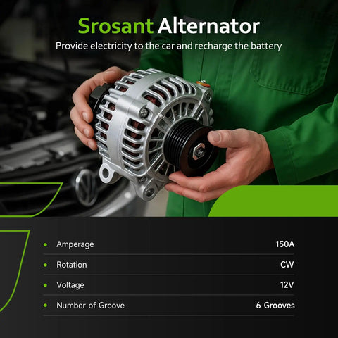 Person holding alternator with 6-groove pulley, details include 150 Amp, 12V, CW rotation. For GM vehicles.