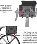 Diagram showing attachment of 4 In 1 Dayliner Box Bag 20 Liter Water Resistant Rolltop to bike handlebars and rack