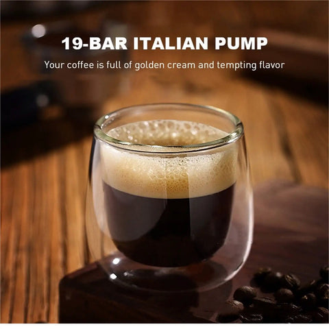 Glass cup of espresso with golden crema next to coffee beans, showcasing All In One Coffee Maker With Milk Frother For Espresso Cappuccino And Latte Automatic Brew System Permanent Filter No Paper Filters Needed Wake Up To Fresh Coffee Every Morning Easy To Use No Fuss Clean.