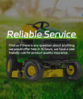 Lawn mower on grass with 'Reliable Service' text overlay