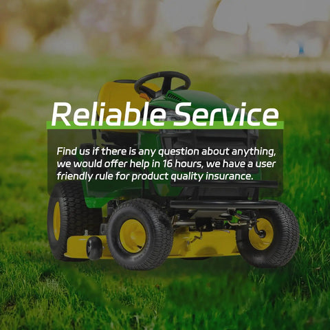 Lawn mower on grass with 'Reliable Service' text overlay