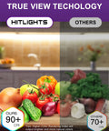 Comparison of lighting quality showing vibrant colors of vegetables under LED Strip Lights Warm White 3000K, 16.4ft High Density Tape Light With 600 LEDs, 300 Lumens Per Foot, 12 Volt Flexible Dimmable Rope Lighting For Your Bedroom Kitchen Cabinets UL Listed Power Supply Not Included, with a CRI of 90+.