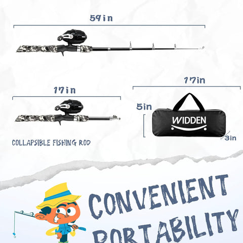 Kids Telescopic Fishing Pole Kit For Beginners Portable Rod And Reel Combo, collapsed 17in, bag dimensions 17x5x3in