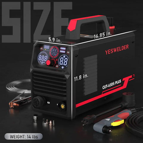 All In One 65 Amp Plasma Cutter Dual Voltage 110V 220V Non HF Non Touch Pilot Arc with controls and accessories visible