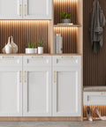 Champagne Bronze Kitchen Cabinet Handles Set, 20 Pack, 6-1/4 Inch installed on modern white kitchen cabinets in room