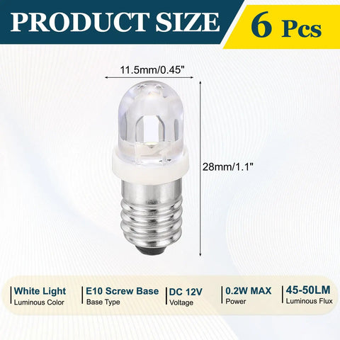 6 Piece E10 Mini LED Bulbs DC 4.5 To 5 Volts At 0.2 Watts Delivering A Slick White Glow, showcasing size and specs.