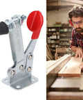 Heavy Duty Horizontal Toggle Clamp, Rock Solid 68Kg Clamping Power For Woodworking And Equipment Installations, Durable Iron Body With Comfortable Plastic Handle, Stable Hold And Quick Setup For Fast Projects, shown clamping wood
