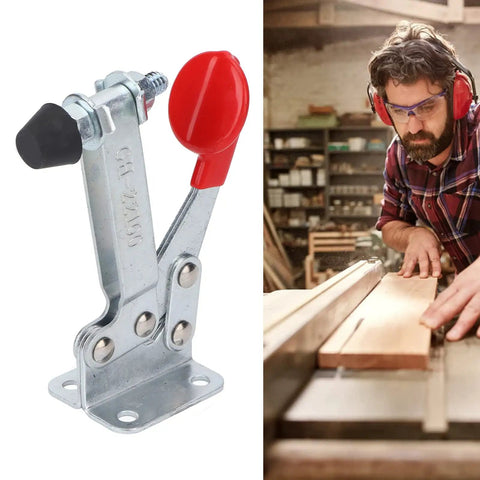 Heavy Duty Horizontal Toggle Clamp, Rock Solid 68Kg Clamping Power For Woodworking And Equipment Installations, Durable Iron Body With Comfortable Plastic Handle, Stable Hold And Quick Setup For Fast Projects, shown clamping wood