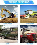 Various vehicles including an excavator, harvester, car, and tractor in different environments demonstrating usage.