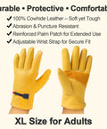 Yellow XL cowhide leather gloves with reinforced palm and adjustable strap for Tough-As-Nails 17 Inch Metal Bow Rake Kit.