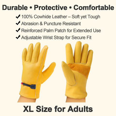 Yellow XL cowhide leather gloves with reinforced palm and adjustable strap for Tough-As-Nails 17 Inch Metal Bow Rake Kit.
