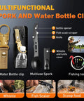 Multifunctional spork, water bottle clip, fishing tools, and uses illustrated in a diagram, including whistle and knife cover.