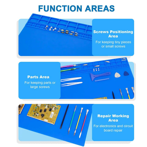 Extra Large Soldering Mat With ESD Wrist Strap And Grounding Kit showing screws positioning, parts, and repair working area.