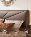 Rock Solid Heavy Duty Queen Platform Bed Frame With Tufted Wingback Headboard, Dark Brown upholstered headboard with pillows.