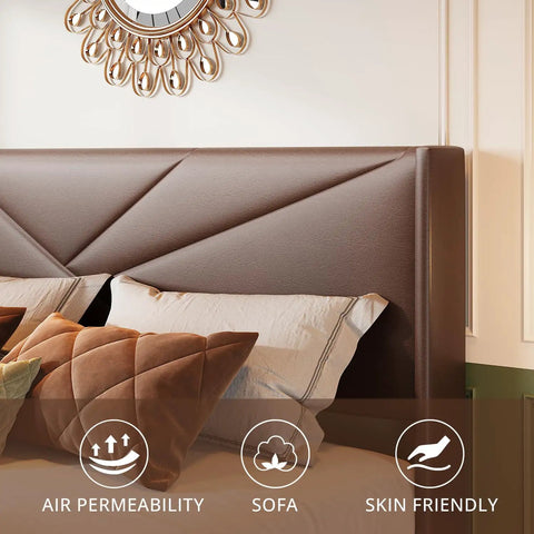 Rock Solid Heavy Duty Queen Platform Bed Frame With Tufted Wingback Headboard, Dark Brown upholstered headboard with pillows.