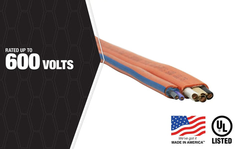 10 Gauge 3-Conductor With Ground NM-B Romex Indoor Electrical Wire 25 Ft SIMpull Orange Cable showing UL rating and USA flag.