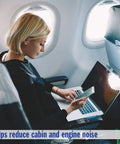 Woman on airplane using phone with FlightGuard airplane pressure relief earplugs in, 26dB NRR and 33dB SNR for noise reduction.