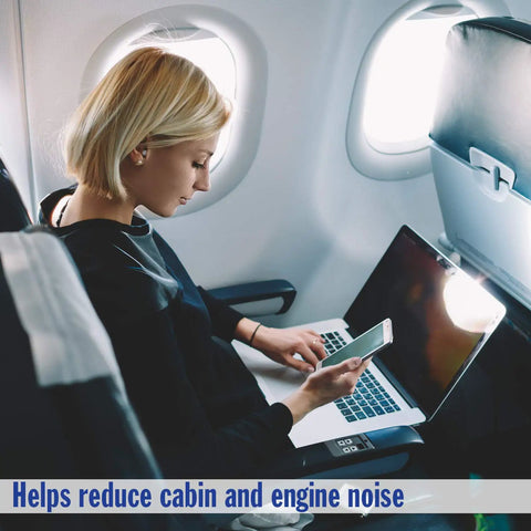Woman on airplane using phone with FlightGuard airplane pressure relief earplugs in, 26dB NRR and 33dB SNR for noise reduction.