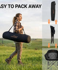 Woman carrying Two Pack Oversized Padded Camping Chair Heavy Duty Quad Fold Arm Chair Portable for Outdoor Use with case on shoulder