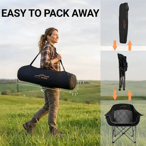 Woman carrying Two Pack Oversized Padded Camping Chair Heavy Duty Quad Fold Arm Chair Portable for Outdoor Use with case on shoulder